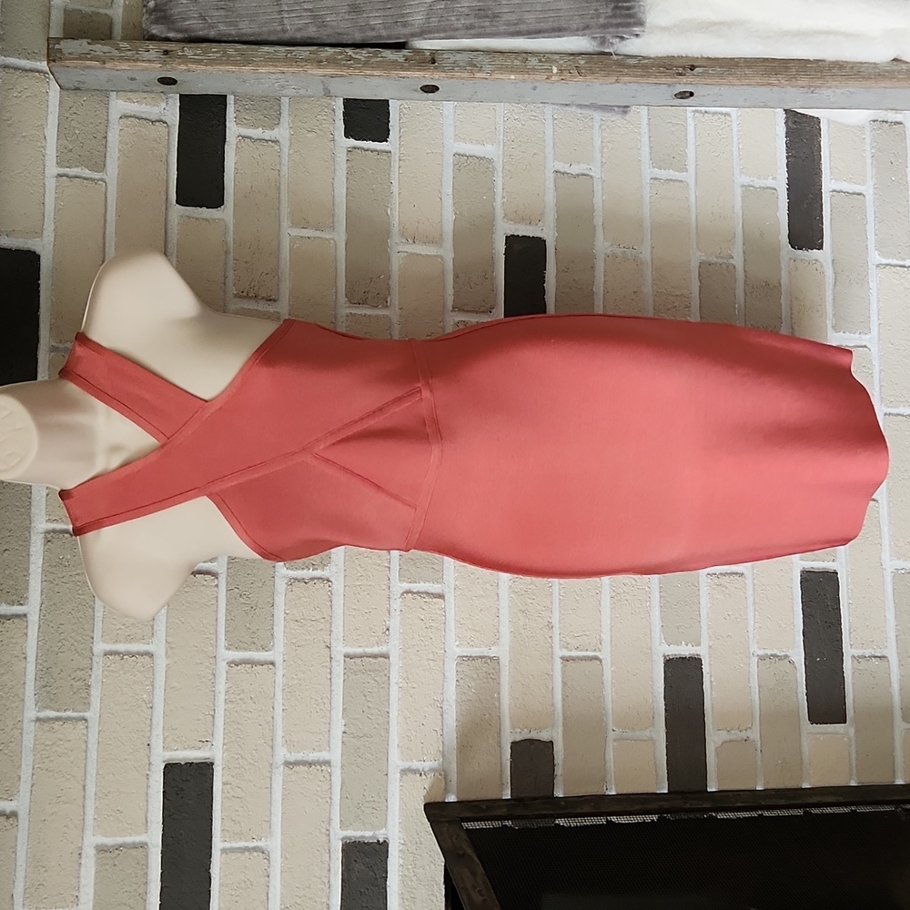 Bebe Coral Criss Cross Halter Bandage Bodycon Dress Y2K